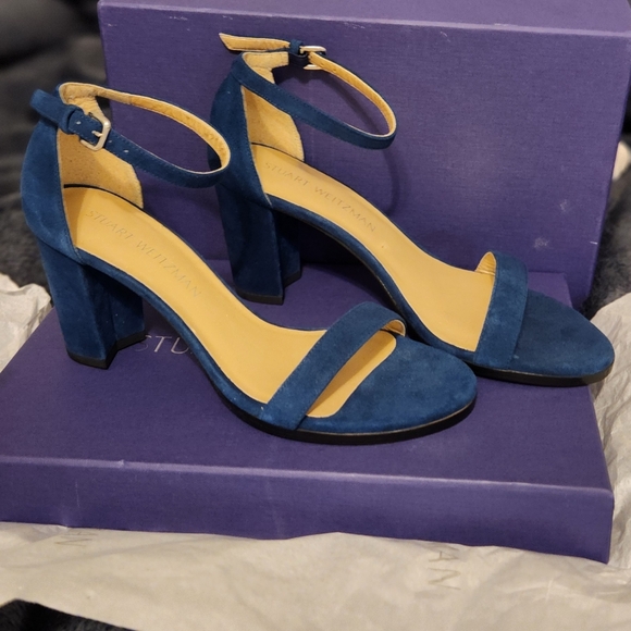 Stuart Weitzman Nearlynude Ankle Strap Sandal Heel Nice Aqua Blue Suede - Picture 12 of 12